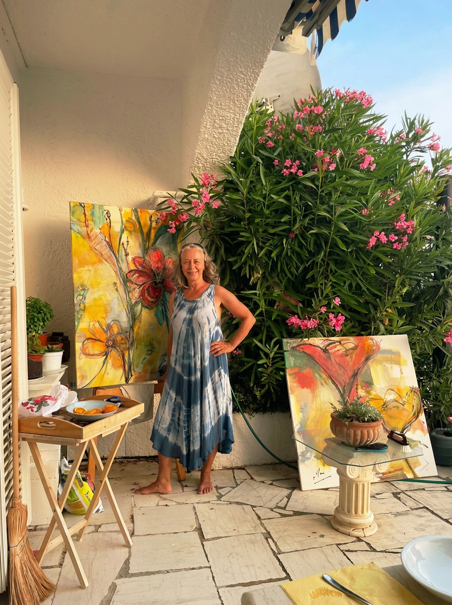 Isabella Moog neben ihren Blumenbildern